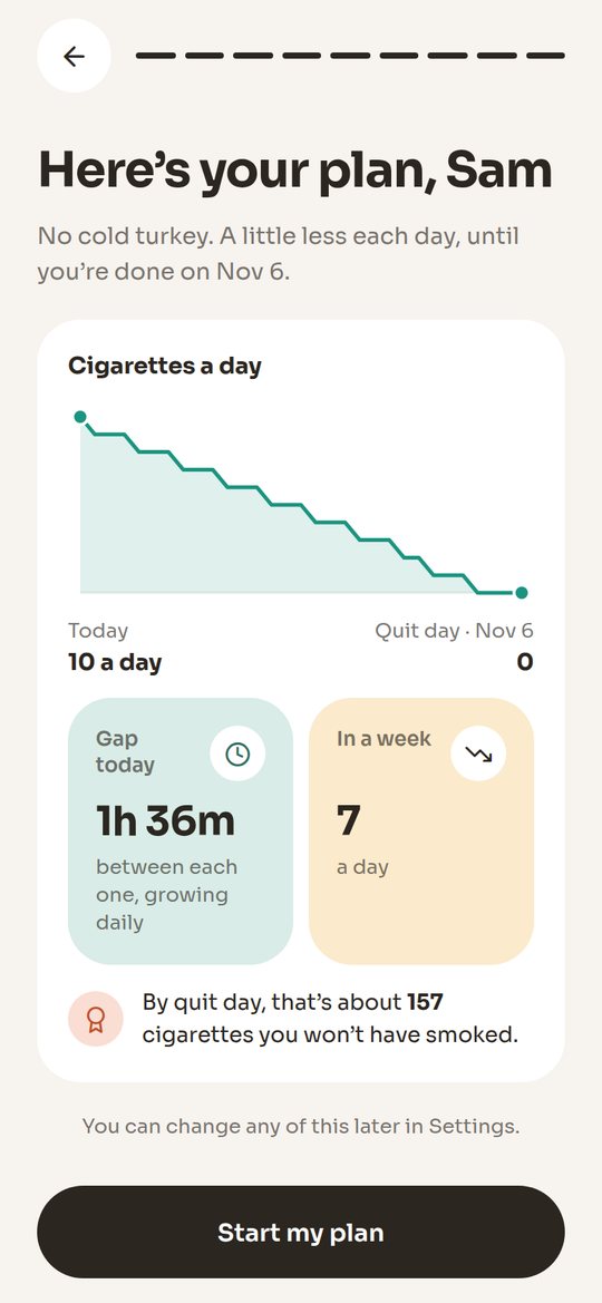 Wacha's plan screen: a chart of cigarettes a day stepping down from 10 to 0 by quit day.